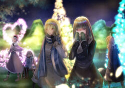  5girls absurdres blonde_hair christmas_ornaments commentary_request heart heaven_burns_red highres kagmhisame kiryuu_miya long_hair multiple_girls narby_(heaven_burns_red) ogasawara_hisame pink_hair ponytail red_eyes scarf shirakawa_yuina sitting snowflakes sugawara_chie tree tsukishiro_monaka twintails warming_hands 