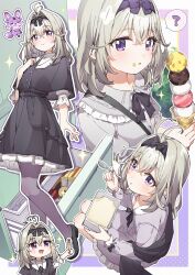  1girl ? absurdres ahoge black_capelet black_dress black_hairband black_ribbon blush bow_hairband capelet collared_dress commentary cross cross-laced_shoes cross_necklace cup disposable_cup disposable_ice_cream_cup dress fairy food food_on_face frilled_shirt_collar frills grey_dress grey_hair hair_intakes hairband highres holding holding_cup holding_ice_cream_cone holding_jewelry holding_necklace holding_spoon ice_cream ice_cream_cone jewelry looking_at_viewer mashu-tan meitantei_precure! moria_luluka multiple_views neck_ribbon necklace open_mouth pantyhose parted_lips petticoat pleated_dress popsicle_stick precure puffy_short_sleeves puffy_sleeves purple_hairband purple_pantyhose refrigerator ribbon shoes short_sleeves smile sparkle speech_bubble spoken_question_mark spoon violet_eyes yukie_(kusaka_shi) 