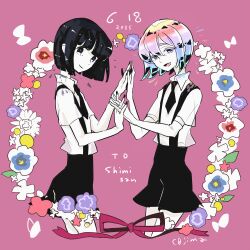  2others androgynous artist_name bare_arms black_eyes black_hair black_nails black_necktie black_shorts black_suspenders blue_flower closed_mouth cojima collared_shirt colored_skin commentary_request cropped_legs diamond_(houseki_no_kuni) elbow_gloves flower gem_uniform_(houseki_no_kuni) gloves glowing glowing_hair holding_hands houseki_no_kuni leaf looking_at_viewer matching_hairstyle multicolored_eyes multicolored_hair multiple_others necktie obsidian_(houseki_no_kuni) other_focus pink_background pink_flower pink_ribbon purple_flower rainbow_eyes rainbow_hair ribbon shirt short_hair short_sleeves shorts smile suspender_shorts suspenders white_flower white_gloves white_shirt white_skin 