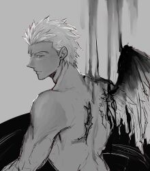  1boy archer_(fate) back commentary_request dark-skinned_male dark_skin fate/grand_order fate/stay_night fate_(series) grey_background greyscale highres injury looking_at_viewer male_focus monochrome muscular muscular_male profile renkon_eko short_hair single_wing solo topless_male upper_body wings 