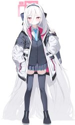  1girl absurdres black_hairband black_ribbon black_vest blue_archive blue_necktie closed_mouth collared_shirt commentary_request eyelashes hair_between_eyes hair_ribbon hairband halo highres jacket kei_(blue_archive) kei_(new_body)_(blue_archive) long_hair looking_at_viewer necktie open_clothes open_jacket red_eyes ribbon sharp_to_sharp shirt simple_background solo sweat vest white_background white_hair white_shirt 