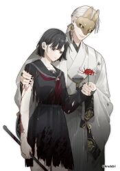  1boy 1girl absurdres arm_at_side artist_name asymmetrical_sleeves black_bridal_gauntlets black_eyes black_hair black_nails black_sailor_collar black_sclera black_serafuku bleeding blood blood_on_arm blood_on_clothes blood_on_hands blood_on_leg bridal_gauntlets colored_sclera cowboy_shot crest earrings eye_mask family_crest fingernails flower fox_mask fox_mask_(silent_hill) gold_earrings gold_mask grey_hakama hair_behind_ear hakama hand_on_another's_arm hand_up haori height_difference high-waist_skirt highres holding holding_flower holding_hands holding_lead_pipe injury japanese_clothes jewelry kimono kradebii lead_pipe long_hair long_sleeves looking_at_object low_ponytail mask masked miniskirt montsuki nail_polish neckerchief parted_lips pleated_skirt ponytail red_flower red_neckerchief rope sailor_collar school_uniform serafuku shimenawa shimizu_hinako shirt short_hair silent_hill_(series) silent_hill_f simple_background single_bare_arm single_earring skirt skirt_set slit_pupils spider_lily standing tassel tassel_earrings tears torn_clothes torn_shirt torn_skirt torn_sleeve twitter_username uneven_sleeves white_background white_hair white_haori white_kimono wide_sleeves winter_uniform yellow_eyes 