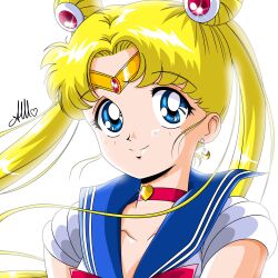  1girl anello81 bishoujo_senshi_sailor_moon blonde_hair blue_eyes blue_sailor_collar bow choker double_bun earrings elbow_gloves english_commentary gloves hair_bun heart heart_choker highres jewelry long_hair red_bow red_choker sailor_collar sailor_moon sailor_senshi_uniform smile solo tsukino_usagi twintails very_long_hair white_gloves 