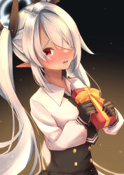  1girl absurdres birthday black_gloves black_necktie black_ribbon black_skirt blue_archive blush bow buttons collared_shirt commentary cowboy_shot dark-skinned_female dark_skin demon_girl double-breasted embarrassed film_grain gift gloves grey_hair hair_over_one_eye hair_ribbon halo hands_up high-waist_skirt highres holding holding_gift iori_(blue_archive) kisaragi_yayoi_(ksrg_yayoi) long_bangs long_hair long_sleeves looking_at_viewer necktie nose_blush one_eye_covered open_mouth pointy_ears puffy_long_sleeves puffy_sleeves red_eyes ribbon school_uniform shirt single_hair_intake skirt solo twintails very_long_hair wavy_mouth white_halo white_shirt yellow_bow 