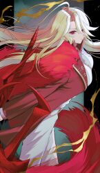  1girl ahoge blonde_hair breasts chunta closed_mouth commentary curtained_hair don_quixote_(project_moon) e.g.o_(project_moon) expressionless feet_out_of_frame from_side highres holding holding_weapon jacket la_manchaland's_don_quixote_(project_moon) la_manchaland_(identity)_(project_moon) la_sangre_de_sancho_(e.g.o) lapels large_breasts limbus_company long_hair long_sleeves looking_at_viewer notched_lapels pants parted_bangs project_moon red_eyes red_jacket sancho_(project_moon) shirt solo standing weapon white_pants white_shirt 