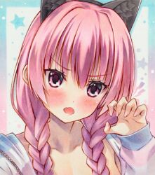  1girl :o animal_ear_fluff animal_ear_hairband animal_ears black_hairband blush braid cat_ear_hairband cat_ears claw_pose collarbone commentary eyelashes eyes_visible_through_hair fake_animal_ears fang frown hair_between_eyes hairband hand_up long_hair looking_at_viewer low_twin_braids mitsukasa_ayase official_alternate_costume official_alternate_hairstyle open_mouth outside_border pajamas pink_hair portrait riddle_joker simple_background skin_fang sleeves_past_wrists solo star_(symbol) striped_clothes striped_pajamas twin_braids v-shaped_eyebrows violet_eyes white_background yuto_takumi 