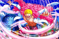  1boy abs aladdin_(ala21ddin21) blonde_hair capri_pants clouds cloudy_sky coat devil_fruit_power donquixote_doflamingo earrings grin highres jewelry male_focus muscular muscular_male one_piece open_clothes open_shirt pants pectorals pink_coat shirt sky smile sunglasses thread town white_shirt 