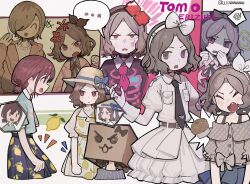  3girls ^_^ absurdres black_choker black_hairband black_necktie black_shirt blue_shirt blue_skirt blush bow box brown_hair brown_hat brown_jacket cardboard_box character_name choker closed_eyes commentary_request dress ebizuka_tomo fang food_print fruit_print girls_band_cry gloves grey_hair grey_shirt hair_bow hair_over_one_eye hairband hand_up hat highres iseri_nina jacket lemon_print llllwewewe low_twintails mole mole_under_eye multicolored_hair multiple_girls necktie off-shoulder_shirt off_shoulder open_mouth pink_eyes red_eyes roots_(hair) rupa_(girls_band_cry) shirt short_hair short_sleeves short_twintails skirt sweater twintails white_bow white_dress white_gloves white_sweater 