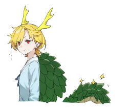  1girl antlers blonde_hair blue_shirt closed_mouth commentary_request dragon_girl dragon_horns dragon_tail green_scales green_tail highres horns kicchou_yachie long_sleeves looking_at_viewer pointy_ears red_eyes shirt short_hair skirt smile solo sparkle spiked_shell tail takoyaki5221 touhou translation_request turtle_shell yellow_horns 