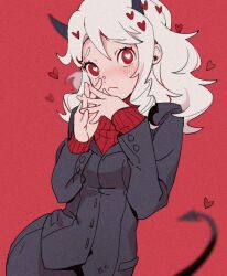  1girl black_horns black_jacket black_skirt black_suit black_tail blurry blurry_background blush breasts bright_pupils buttons closed_mouth contrapposto cowboy_shot curly_hair demon_girl demon_horns demon_tail depth_of_field double-parted_bangs film_grain frown hair_between_eyes hands_up heart heart-shaped_pupils heart_background helltaker highres horns jacket layered_sleeves long_sleeves looking_at_viewer medium_hair modeus_(helltaker) nose_blush pencil_skirt puffy_long_sleeves puffy_sleeves raised_inner_eyebrows red_background red_eyes red_sweater ribbed_sweater sidelocks simple_background skirt small_breasts solo standing steepled_fingers suit sweater symbol-shaped_pupils tail tareme turtleneck turtleneck_sweater white_hair white_pupils yaotaihhh 