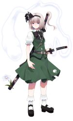  1girl absurdres belt belt_buckle black_hairband black_ribbon black_shoes blue_eyes bow buckle buttons closed_mouth commentary_request crote full_body green_skirt green_vest grey_hair hairband highres holding holding_sword holding_weapon konpaku_youmu konpaku_youmu_(ghost) large_variant_set neck_ribbon puffy_sleeves ribbon shoes short_hair simple_background skirt skirt_set smile socks solo standing sword touhou transparent_background variant_set vest weapon white_socks 