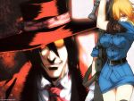  alucard_(hellsing) artist_request ascot badge belt black_hair blonde_hair breasts coat glasses hat hellsing looking_at_viewer opaque_glasses rifle seras_victoria simple_background smile sunglasses uniform white_gloves white_shirt 