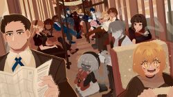  1other 6+boys 6+girls black_eyes black_hair blonde_hair blue_ribbon bouquet brown_hair bus charon_(project_moon) cigarette closed_eyes closed_mouth collared_shirt commentary dante_(limbus_company) dark-skinned_female dark-skinned_male dark_skin don_quixote_(project_moon) faust_(project_moon) full_body glasses gregor_(project_moon) heathcliff_(project_moon) highres indoors ishmael_(project_moon) limbus_company meursault_(project_moon) motor_vehicle multiple_boys multiple_girls neck_ribbon official_alternate_costume open_mouth orange_hair outis_(project_moon) pale_skin project_moon projecttiger red_eyes ribbon rodion_(project_moon) ryoshu_(project_moon) shirt sinclair_(project_moon) sitting smile sparkle untranslatable_commentary vergilius_(project_moon) white_hair white_shirt yellow_eyes yi_sang_(project_moon) 