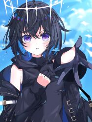  black_gloves black_hair black_hoodie black_jacket blue_hair character_request colored_inner_hair commentary_request gender_request gloves gradient_hair half_gloves halo highres hitsuki_(ruon) hood hood_down hoodie jacket looking_at_viewer medium_hair multicolored_hair open_clothes open_jacket parted_lips reverseblue_x_re-birthend solo spiked_halo violet_eyes 