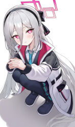  1girl absurdres black_hairband black_jacket black_skirt black_thighhighs blue_archive blue_necktie blush collared_shirt commentary hair_between_eyes hairband halo highres jacket kei_(blue_archive) kei_(new_body)_(blue_archive) loloco long_hair long_hair_between_eyes looking_at_viewer necktie open_mouth pink_halo pleated_skirt rectangular_halo shirt skirt solo squatting thigh-highs very_long_hair white_hair white_shirt 