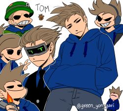  1girl 6+boys :| animification artist_name black_coat black_necktie black_vest blue_hoodie blue_shirt brown_hair character_name clenched_teeth closed_mouth coat collared_shirt commentary_request drawstring earmuffs eddsworld future_tom_(eddsworld) genderswap genderswap_(mtf) green_coat green_yonggari grey_pants grin hair_behind_ear hands_in_pockets hat head-mounted_display holding holding_lighter hollow_eyes hood hood_down hoodie korean_commentary lcd lighter long_sleeves male_focus military_hat multiple_boys multiple_persona necktie pants prototype_design shirt short_hair simple_background smile spiky_hair tamara_(eddsworld) teeth tom_(eddsworld) tomee_bear_(eddsworld) toon_(style) topknot very_short_hair vest 