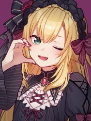  1boy black_dress black_hairband blonde_hair bow commentary crossdressing crossdressing_(mtf) double-parted_bangs dress fingernails frilled_hairband frills gothic_lolita green_eyes hair_bow hairband half-heart_hands hand_up highres lolita_fashion long_hair long_sleeves looking_at_viewer male_focus nail_polish namin_(namin_star) nijisanji one_eye_closed open_mouth purple_background purple_bow red_nails simple_background smile solo trap upper_body uzuki_kou uzuki_kou_(4th_costume) virtual_youtuber wide_sleeves 