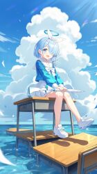  1girl :d absurdres arona_(blue_archive) blue_archive blue_eyes blue_hair blue_halo blue_shirt blue_sky blush bow bow_hairband bowtie braid chair chaoji_da_yuwan character_name chinese_commentary choker clouds cloudy_sky colored_inner_hair commentary cumulonimbus_cloud day desk full_body gun hair_ornament hair_over_one_eye hairband halo highres holding holding_gun holding_umbrella holding_weapon long_sleeves looking_at_viewer multicolored_hair ocean on_desk open_mouth outdoors pink_hair pleated_skirt puffy_long_sleeves puffy_sleeves sailor_collar school_chair school_desk school_uniform serafuku shirt shoes short_hair side_braid single_braid sitting skirt sky smile sneakers solo sparkle two-tone_hair umbrella umbrella_gun water weapon white_bow white_bowtie white_choker white_hairband white_sailor_collar white_shoes white_skirt 