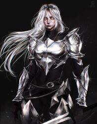  1girl absurdres aegyo_sal armor belt black_bodysuit bodysuit breastplate chain clenched_hand commentary cowboy_shot crown diet.jay floating_hair grey_eyes highres holding holding_sword holding_weapon long_hair looking_at_viewer nephis_(shadow_slave) serious shadow_slave shoulder_armor solo sword turtleneck weapon white_hair wind wind_lift 