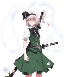  1girl belt belt_buckle black_hairband black_ribbon blush breasts buckle buttons closed_eyes commentary_request crote green_skirt green_vest grey_hair hairband highres holding holding_sword holding_weapon katana konpaku_youmu konpaku_youmu_(ghost) large_variant_set neck_ribbon puffy_sleeves ribbon short_hair simple_background skirt skirt_set small_breasts smile solo standing sword teeth touhou transparent_background variant_set vest weapon 