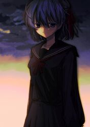  1girl absurdres black_serafuku fate/stay_night fate_(series) gradient_sky hair_ribbon highres long_sleeves matou_sakura mc_f_167 medium_hair outdoors purple_hair red_ribbon ribbon school_uniform serafuku sky solo sunset upper_body violet_eyes 