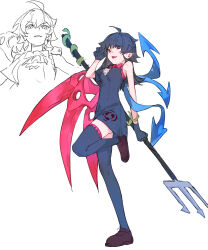  1girl absurdres adapted_costume asymmetrical_wings black_dress black_gloves black_hair black_shoes black_thighhighs blue_wings bow bowtie breasts commentary_request dress full_body gloves highres holding holding_polearm holding_weapon houjuu_nue leg_up looking_at_viewer medium_breasts multiple_views open_mouth polearm red_bow red_bowtie red_eyes red_wings shoes simple_background sleeveless sleeveless_dress smile snake standing standing_on_one_leg takoyaki5221 thigh-highs touhou trident weapon white_background wings 