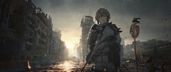  1girl absurdres amane_suzuha amane_suzuha_(beta) assault_rifle belt bench bird brown_hair building bullpup city cityscape crow cuts flock gloves goggles goggles_around_neck green_eyes gun highres injury jacket looking_ahead outdoors parted_lips post-apocalypse pouch rifle road_sign roadblock ruins school_crossing_sign science_adventure sennikilo sign solo steins;gate steyr_aug trigger_discipline utility_belt weapon white_gloves white_jacket wide_shot 