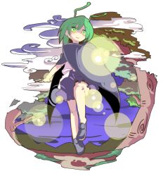  1girl antennae black_cape bloomers cape clouds commentary_request fireflies forest full_body green_eyes grey_hair loafers moon mountain moyazou_(kitaguni_moyashi_seizoujo) nature night path shirt shoes touhou tree white_shirt wriggle_nightbug 