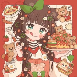  1girl :q bear blunt_bangs blush_stickers border braid brown_hair burger closed_mouth commentary_request eeppa flag food food-themed_hair_ornament fork green_eyes green_ribbon grid_background hair_ornament hair_ribbon highres holding holding_fork holding_plate long_hair long_sleeves looking_at_viewer napolitan omelet omurice original outside_border pasta plate red_border red_vest ribbon shirt smile solo tomato_hair_ornament tongue tongue_out twin_braids upper_body vest white_background white_shirt 