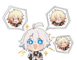  2boys antenna_hair arm_tattoo armor black_choker black_coat black_gloves black_shirt blonde_hair blue_cape blue_eyes blush braid cape chest_tattoo choker coat commentary earrings english_commentary facial_tattoo fingerless_gloves gauntlets gloves gold_earrings gold_necklace gradient_hair highres honkai:_star_rail honkai_(series) jewelry male_focus medium_hair multicolored_hair multiple_boys mydei_(honkai:_star_rail) necklace nya_deko open_clothes open_coat parted_bangs pauldrons phainon_(honkai:_star_rail) red_hair red_tattoo shirt short_hair shoulder_armor side_braid simple_background single_pauldron spoken_character tattoo white_background white_coat white_hair yellow_eyes 