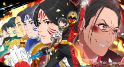  1010_mumumu absurdres arm_up bakugami_ryugi battle_damage belt black_bodysuit black_hair blue_eyes bodysuit byakuya_rikuo close-up coat commentary_request confetti cowboy_shot crossed_arms facial_mark fire fire_candle_(super_sentai) glasses gozyueagle gozyuleon gozyutyranno gozyuunicorn gozyuwolf green_eyes group_picture helmet highres ichikawa_sumino kumade_mashiro male_focus multicolored_bodysuit multicolored_hair multiple_boys no.1_sentai_gozyuger red_bodysuit red_eyes red_hair red_helmet round_eyewear sentai_ring short_hair smirk streaked_hair super_sentai takehara_kinjiro tega_sword tokusatsu twitter_username two-tone_bodysuit two-tone_hair violet_eyes watermark white_coat yellow_eyes 