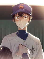  2boys absurdres ace_of_diamond baseball_cap baseball_jersey baseball_mitt baseball_uniform blurry blurry_background blush brown_eyes brown_hair clenched_hand commentary_request hat highres iramiikaiiri jersey male_focus miyuki_kazuya multiple_boys out_of_frame sawamura_eijun smile solo sportswear sweat upper_body 