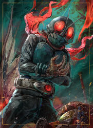 1boy antennae armor arthropod_boy belt black_bodysuit body_horror bodysuit border breastplate brown_hair character_request embers greymon_(nodoame1215) helmet highres holding_own_wrist kamen_rider kamen_rider_1 kamen_rider_1_(shin) red_scarf rider_belt scarf shin_kamen_rider solo tokusatsu torn_wings transformation weapon wings yellow_border