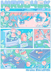  1girl absurdres artist_name blue_eyes blush can commentary_request controller crt drink_can drink_carton flower game_boy game_cartridge game_console game_controller grid_background handheld_game_console highres hiro046k holding holding_controller holding_game_controller leaf milk_carton nintendo_64 original pink_flower pink_hair pink_rose plant potted_plant rabbit rose sparkle twitter_username 