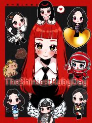  1girl blackpink blue_eyes blunt_bangs blush border brown_hair capybara chibi commentary_request dog eyelashes happy_birthday heart helmet highres jennie_(blackpink) looking_at_viewer mole red_border red_hair samarundao smile spoken_heart wings 