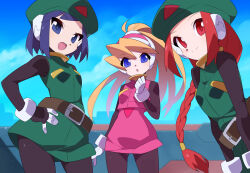  3girls beret black_bodysuit blonde_hair blue_eyes blue_hair bodysuit braid brown_eyes brown_hair ciel_(mega_man) commentary_request cowboy_shot dress green_dress green_hat group_picture hat high_ponytail kaidou_zx long_hair mega_man_(series) mega_man_zero_(series) multiple_girls pink_shirt pink_skirt ponytail robot_ears shirt short_hair skirt smile unnamed_female_soldier_(mega_man_zero) 