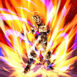  1boy abs absurdres aura black_vest blonde_hair blue_sash cropped_vest dragon_ball dragon_ball_z full_body gogeta green_eyes halo highres male_focus metamoran_vest mii_kayel muscular muscular_male open_clothes open_mouth open_vest pants powering_up sash solo spiky_hair super_saiyan super_saiyan_1 twitter_username vest white_pants yellow_halo 