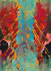  3boys black_sclera blood blood_from_mouth colored_sclera commentary diavolo freckles green_eyes highres jojo_no_kimyou_na_bouken multiple_boys nosebleed open_mouth razor_blade red_eyes risotto_nero striped_clothes untranslatable_commentary vento_aureo vinegar_doppio yorunue_ro 