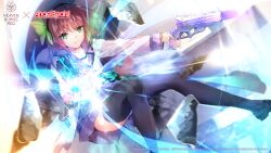  1girl aiming angel_beats! aura black_hairband black_shoes black_thighhighs blue_skirt bow closed_mouth commentary copyright_logo copyright_notice dual_wielding english_commentary eyelashes fighting_stance foot_out_of_frame green_bow green_eyes gun hair_between_eyes hair_bow hairband handgun heaven_burns_red highres holding holding_gun holding_weapon key_(company) legs loafers logo long_sleeves looking_at_viewer medium_hair miniskirt nakamura_yuri neckerchief official_art official_wallpaper outstretched_arms pink_neckerchief pleated_skirt purple_hair rubble serious shinda_sekai_sensen_uniform shirt shoes sitting skirt solo straight_hair thigh-highs thighs v-shaped_eyebrows weapon white_shirt 