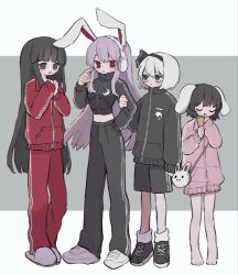  4girls :p animal_bag animal_ears barefoot black_eyes black_hair black_hairband black_jacket black_shoes closed_mouth earphones full_body grey_hair grey_slippers hairband hand_in_pocket highres houraisan_kaguya inaba_tewi jacket konpaku_youmu long_hair long_sleeves midriff multiple_girls open_mouth pants pink_jacket purple_hair rabbit_bag rabbit_ears red_eyes red_jacket red_pants reisen_udongein_inaba ri_(qrcode) shoes short_hair slippers standing tongue tongue_out touhou track_jacket track_pants very_long_hair white_shoes zipper 