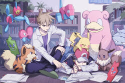  2boys 2girls 88_(einnimnech) ? baseball_cap black_hair black_pants blue_oak blue_pants book bookshelf brown_eyes brown_hair coat collarbone commentary_request eevee evolutionary_line growlithe hat highres holding holding_pencil jewelry lab_coat lying male_focus multiple_boys multiple_girls necklace on_head on_stomach open_clothes open_coat open_mouth pants paper pencil pikachu plant pointing pokemon pokemon_(creature) pokemon_on_head porygon porygon-z porygon2 potted_plant purple_shirt red_(pokemon) red_hat rotom rotom_phone shirt short_hair slippers slowbro socks spiky_hair white_coat white_socks writing 