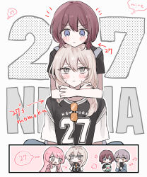  4girls absurdres bang_dream! bang_dream!_it's_mygo!!!!! black_shirt black_sweater_vest blush brown_eyes brown_hair cellphone chihaya_anon commentary crossover earphones genre_connection girls_band_cry grey_eyes grey_hair hamchan69 highres holding holding_phone hug hug_from_behind iseri_nina kawaragi_momoka long_hair low_twintails multicolored_hair multiple_girls number_pun open_mouth outline phone pink_hair roots_(hair) shirt short_hair short_sleeves short_twintails smartphone sweater_vest takamatsu_tomori twintails white_outline yuri 