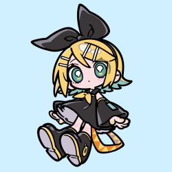  1girl ameniwa arm_warmers black_arm_warmers black_boots black_dress black_hairband blonde_hair blue_background blush_stickers boots bow_hairband chibi chibi_only closed_mouth commentary double-parted_bangs dress english_commentary full_body green_eyes hair_between_eyes hair_ornament hairband hairclip highres kagamine_rin looking_at_viewer nail_polish neckerchief parallel_hairclips short_hair sidelocks simple_background sleeveless sleeveless_dress solo standing vocaloid yellow_nails yellow_neckerchief 