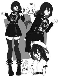  1girl @_@ absurdres alternate_costume animal_ears bags_under_eyes belt boots bottle breasts character_print choker claw_pose commentary cow_ears english_commentary fake_animal_ears frown gengar goth_fashion greyscale hat hex_maniac_(pokemon) hex_maniac_(pokemon_legends:_z-a) highres kekel licking_lips long_sleeves looking_at_viewer medium_breasts milk_bottle mimikyu miniskirt monochrome moomoo_milk multiple_views pokemon pokemon_legends:_z-a shirt short_sleeves skirt thigh-highs tongue tongue_out torn_clothes torn_thighhighs zettai_ryouiki 
