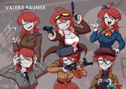  1girl absurdres aks-74u assault_rifle black_necktie blue_jacket brown_jacket camera cigarette commentary_request dual_wielding english_commentary flight_attendant fur-trimmed_jacket fur_trim garrison_cap green_eyes green_jacket green_necktie gun hammer_and_sickle handgun hat highres holding holding_camera holding_cigarette jacket kalashnikov_rifle makarov_pm military_uniform multiple_views necktie nico_jiang red_hair reference_sheet rifle shirt smile stasi striped_clothes striped_shirt telnyashka travel_attendant valerie_konstanz we_love_cold_war weapon white_shirt 