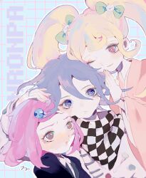  1boy 2girls blonde_hair checkered_clothes checkered_scarf commentary copyright_name danganronpa_(series) danganronpa_2:_goodbye_despair danganronpa_v3:_killing_harmony japanese_clothes kimono multiple_girls oma_kokichi purple_hair red_eyes red_hair ronoh_(jill) saionji_hiyoko scarf trait_connection untranslatable_commentary yumeno_himiko 