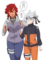  2girls cosplay facial_mark forehead_protector grey_hair gundam gundam_suisei_no_majo headband_around_neck highres hood hoodie hyuuga_hinata hyuuga_hinata_(cosplay) jacket miorine_rembran multicolored_jacket multiple_girls naruto_(series) naruto_shippuuden natu4687 red_hair short_eyebrows spiral suletta_mercury tall_female translation_request uzumaki_naruto uzumaki_naruto_(cosplay) whisker_markings zipper_pull_tab 