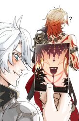  2boys ? armlet blonde_hair blue_eyes card from_behind highres holding holding_card honkai:_star_rail honkai_(series) jewelry light_cone_(honkai:_star_rail) male_focus misleading_thumbnail multiple_boys mydei_(honkai:_star_rail) phainon_(honkai:_star_rail) stifled_laugh tattoo tofuyafuu9 white_background white_hair 