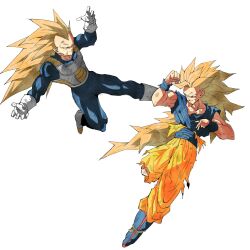  2boys absurdres battle blocking blonde_hair blue_bodysuit blue_boots blue_eyes blue_shirt bodysuit boots closed_mouth commentary dougi dragon_ball dragon_ball_z flying_kick gloves highres kicking long_hair looking_at_another male_focus multiple_boys muscular muscular_male no_eyebrows orange_pants pants pato007711 saiyan_armor scratches shirt simple_background smile son_goku spiky_hair super_saiyan super_saiyan_3 torn_clothes torn_pants torn_shirt vegeta very_long_hair white_background white_boots white_gloves wristband 