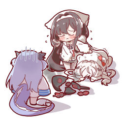  3girls :< azur_lane black_hair blue_hair blush chang_feng_(azur_lane) chibi chibi_only closed_eyes dragon_girl dragon_horns dragon_tail fei_yuen_(azur_lane) fei_yuen_(lady_yuen's_sugary_artillery)_(azur_lane) flying_sweatdrops frying_pan highres horns lung_wu_(azur_lane) multiple_girls nijiiro_diary official_alternate_costume simple_background tail trembling white_background white_hair 